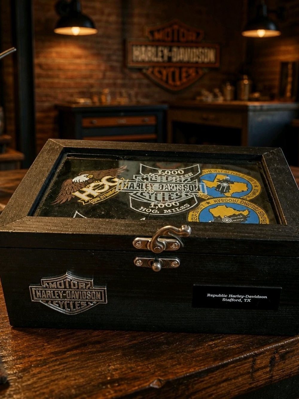 Harley-Davidson Black Wood Display Box with Glass Top And Patches.